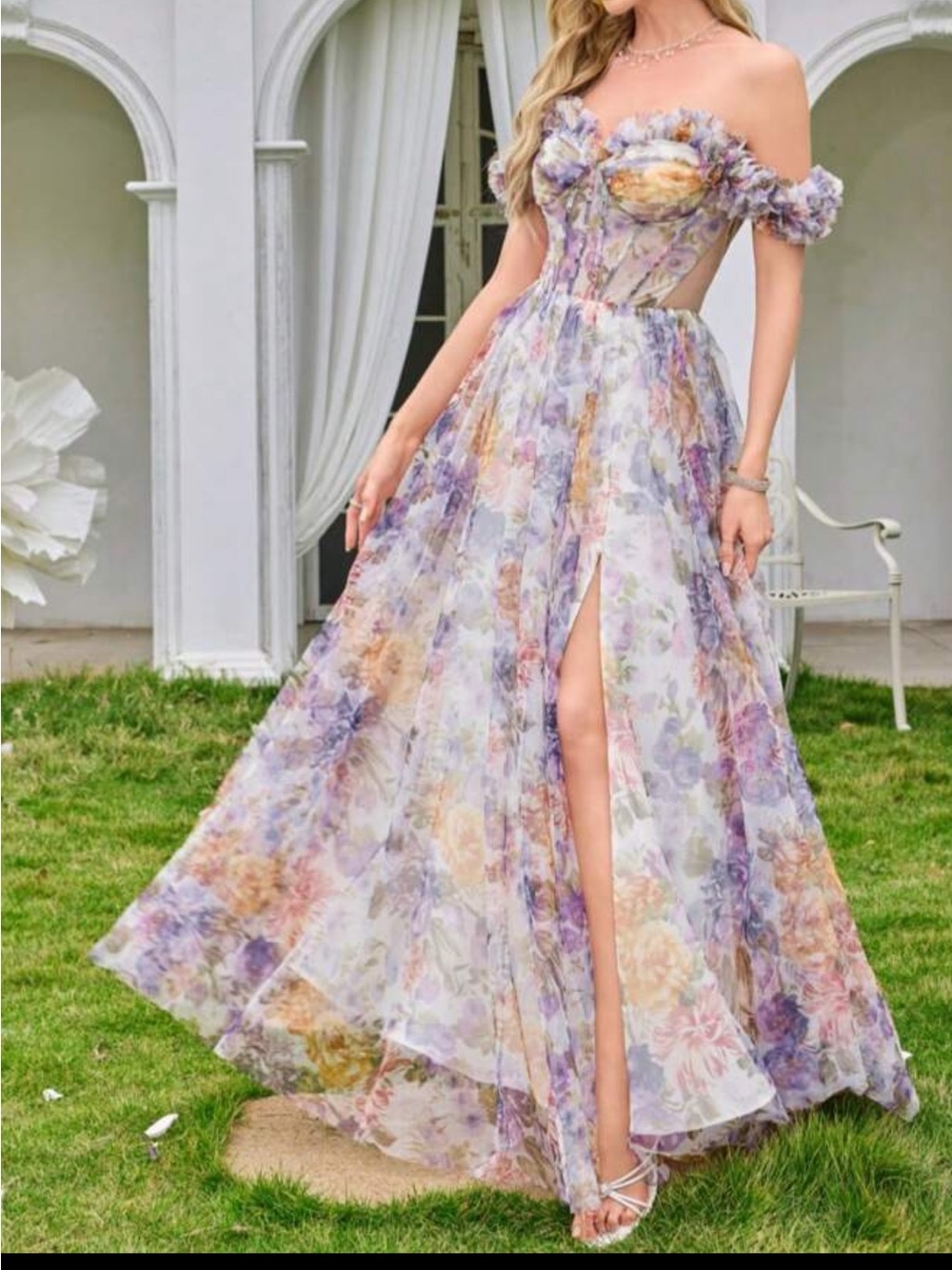 Floral Off-Shoulder Chiffon Maxi Dress - Lavender Multi
